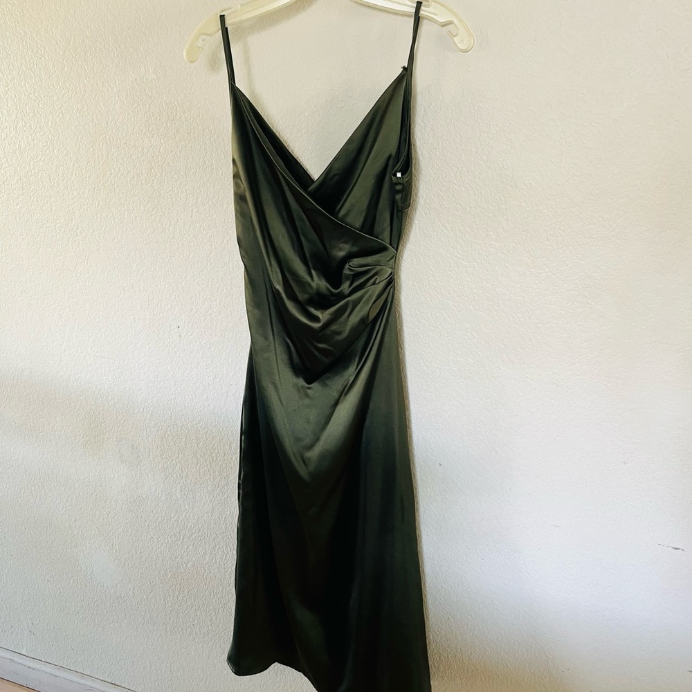 Lulu's Olive Satin Draped Slip Midi Dress